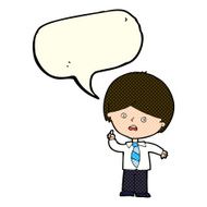 cartoon worried school boy raising hand with speech bubble N6