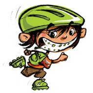 Cartoon happy boy crazy braces smiling skating with roller blades