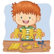 Young Boy Cutting Paper People Chain