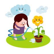 little girl watering green plant