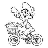 Cartoon paper boy by bike Outline on a white background