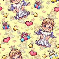 Vector seamless pattern with cartoon angels and gift boxes