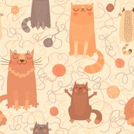 Seamless pattern with cute cats and balls of yarn