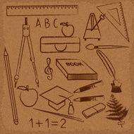 Hand drawn school related symbols on old paper