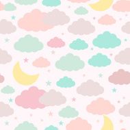 Childish seamless background with moon clouds and stars