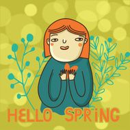 Cute cartoon card with girl heart flowers and text