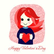 Valentine`s Day postcard with red girl