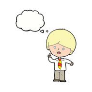 cartoon worried school boy raising hand with thought bubble N9