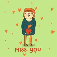 miss you card in cartoon style with girl and hearts