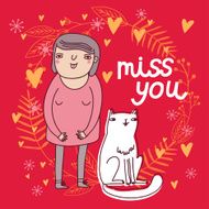 Cute cartoon card with girl and cat N2