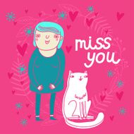 Cute cartoon card with girl and cat N3