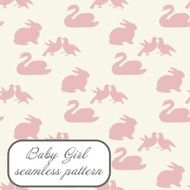 Baby girl seamless pattern in pink colors with bunny doves
