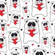 Cats with hearts in hands seamless vector pattern