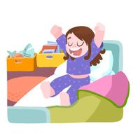 the little girl wake up and stretching in bed