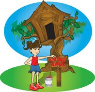 Little Girl Painting No Boys Allowed Sign on Treehouse