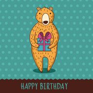 Cute cartoon bear with blue gift box Vector illustration