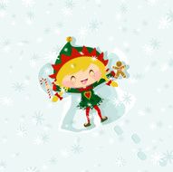 Christmas elf girl eating snowflakes &amp; making an snow angel