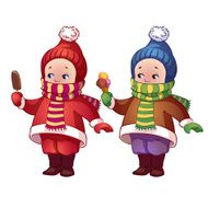 Baby in winter clothes with ice cream the hands