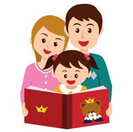 girl reading story book with parents