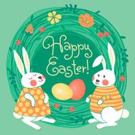 Happy Easter card with cute bunnies and colored eggs N2