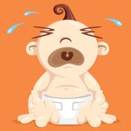 Baby in diaper on orange background crying