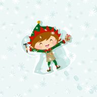 Christmas elf boy eating snowflakes &amp; making an snow angel