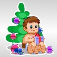 child with a gift near the Christmas trees
