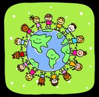 green happy world and kids holding hands peace symbol cartoon