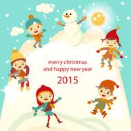 Happy kids playing with snow retro christmas card Vector illustration
