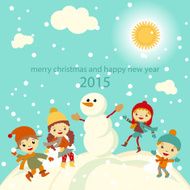 Happy kids playing with snow retro christmas card Vector illustration N2