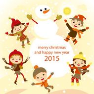 Christmas Greeting Card Kids Snow and Snowman vector