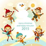 Christmas Greeting Card Kids Snow and Snowman vector N2