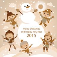 Christmas Greeting Card Kids Snow and Snowman vector N3