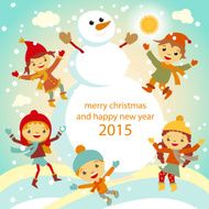 Christmas Greeting Card Kids Snow and Snowman vector N4