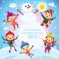 Christmas Greeting Card Kids Snow and Snowman vector N5