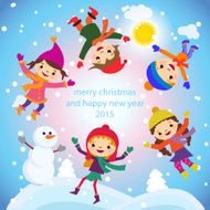 Christmas Greeting Card Kids Snow and Snowman vector N6