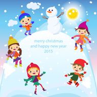 Christmas Greeting Card Kids Snow and Snowman vector N7