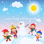 Christmas Greeting Card Kids Snow and Snowman vector N8