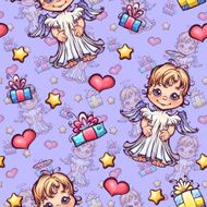 Vector seamless pattern with cartoon angels and gift boxes N2