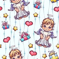 Vector seamless pattern with cartoon angels and gift boxes N3