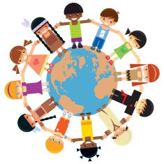 All children holding their hands around Earth