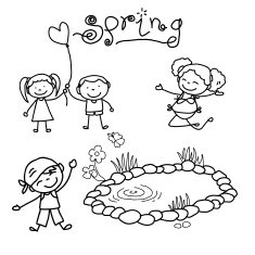 hand drawing cartoon happy kids in spring