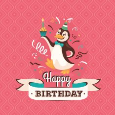 Vintage birthday greeting card with a penguin vector illustration