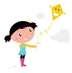 Little cute kid flying kite isolated on white