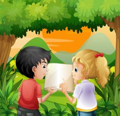 Kids discussing with a book at the forest