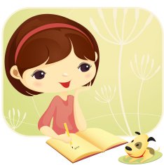 Cute girl writing with her pet dog