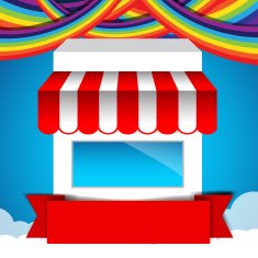 Shop and Red ribbon banner on rainbow clound sky