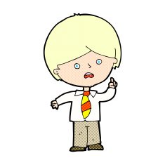 comic cartoon worried school boy raising hand