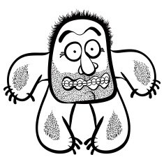 Shocked cartoon monster with stubble black and white vector