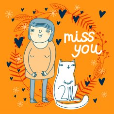 Cute cartoon card with girl and cat